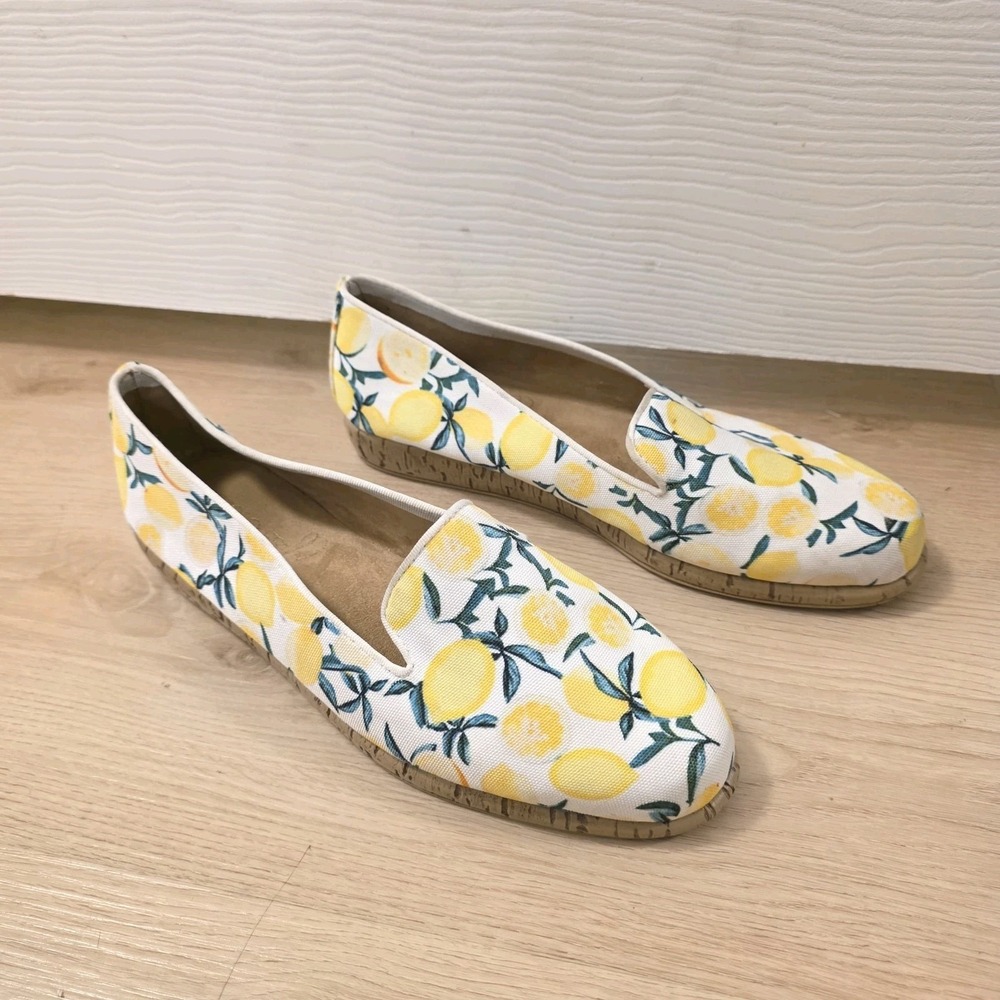 Aerosoles White Yellow Lemon Print Comfort Cushioned Summer Cute Flats Size 9M